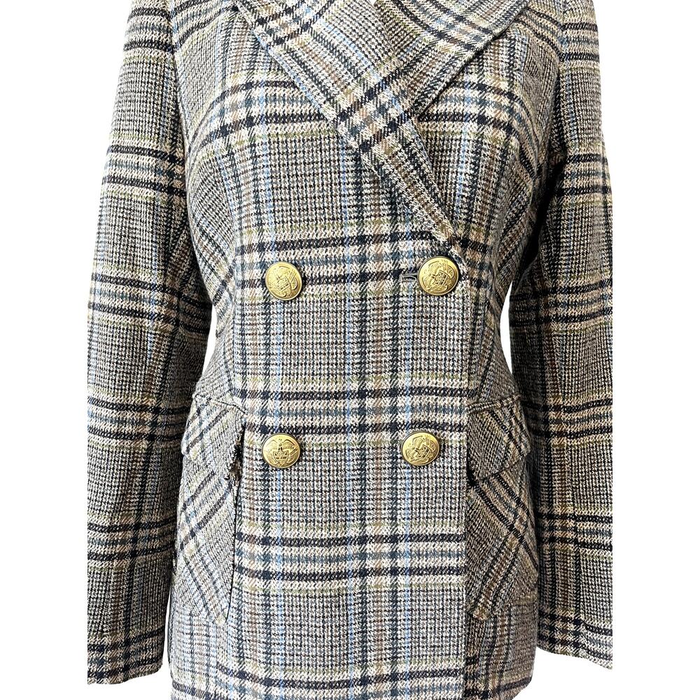 NWT SMYTHE Patch Pocket Wedding Blazer Tan Plaid Gold Buttons Size 8 - Picture 8 of 12